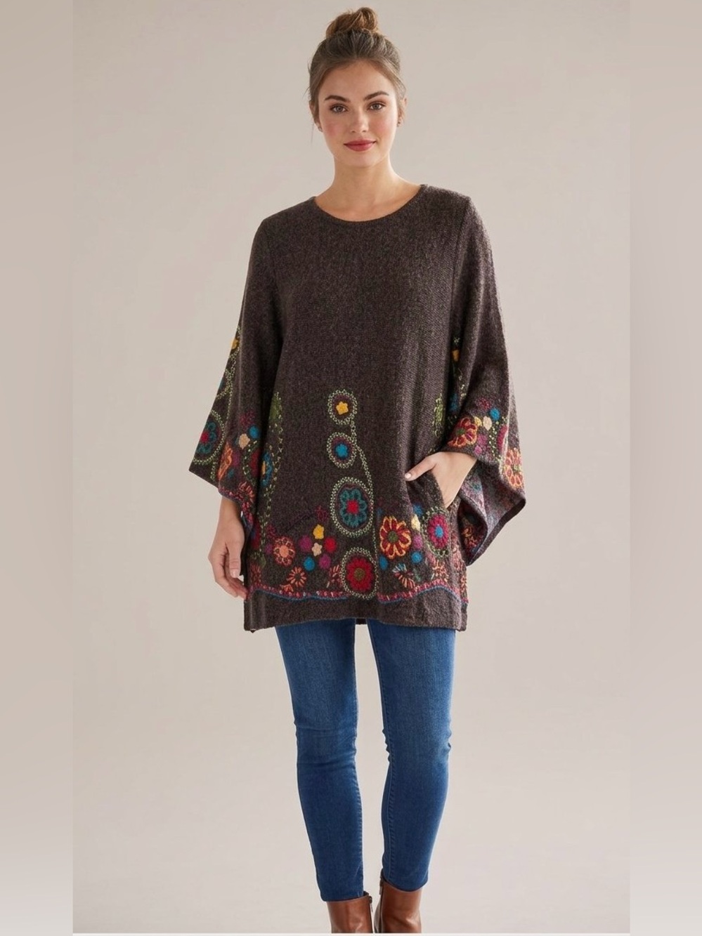 Aryeh Anthro Medium Boho Tunic Sweater Brown Floral Embroidery Bell Sleeves
